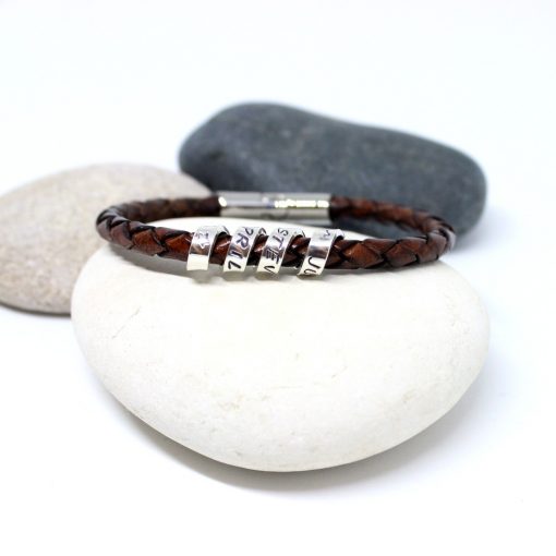 Personalised leather & silver scroll bracelet