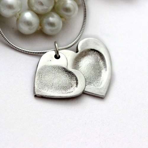 two heart silver finger print necklace