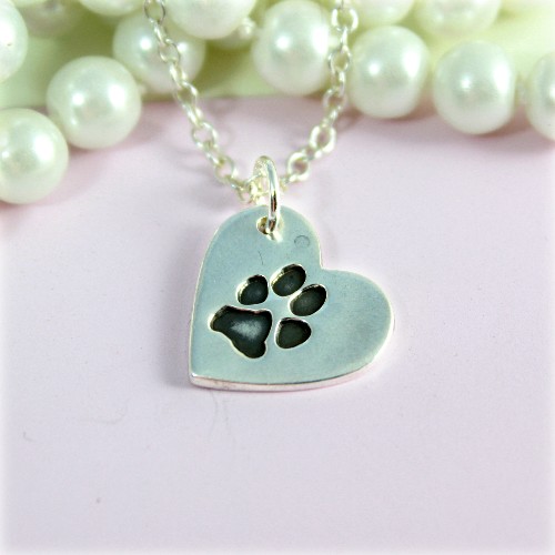 silver pet paw print heart pendant