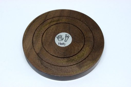 personalised wooden coaster with silver handprints